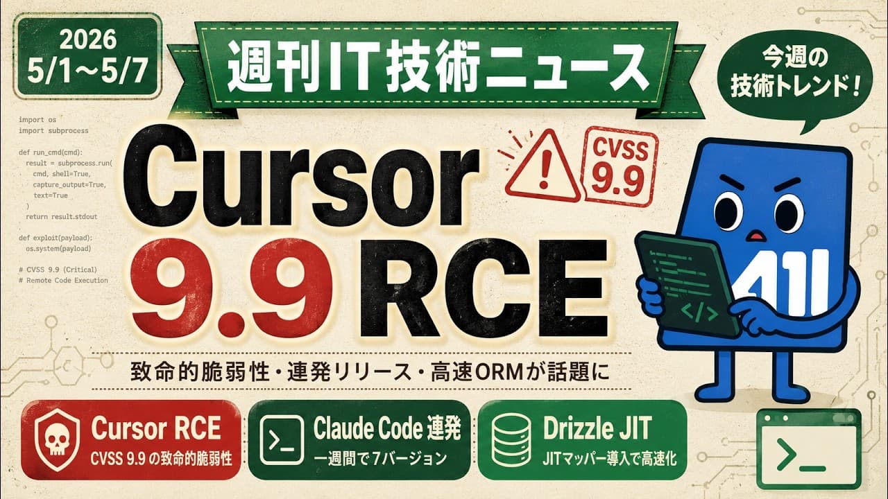 【週刊IT技術ニュース 5/1〜5/7】Cursor に CVSS 9.9 の RCE / Claude Code が一週で7バージョン / Drizzle ORM の JIT マッパー導入