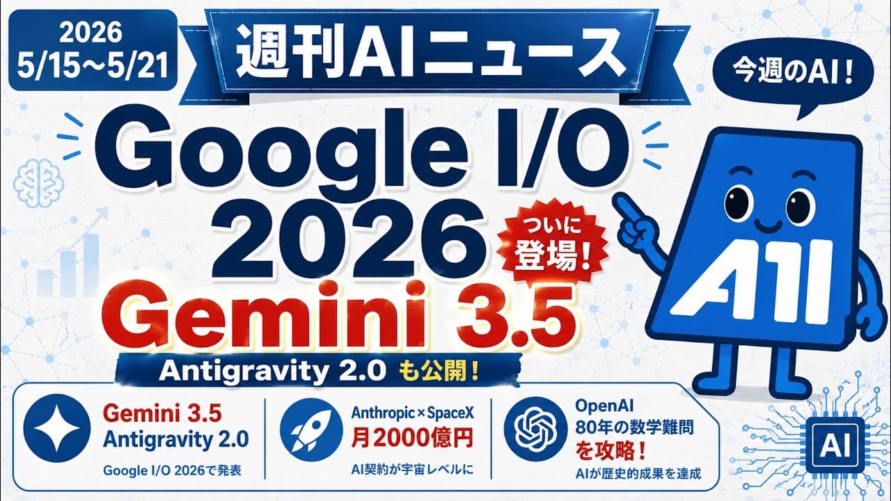 【週刊AIニュース 5/15-5/21】Google I/O 2026特大号・Gemini 3.5・Antigravity 2.0／Anthropic×SpaceX月2000億規模
