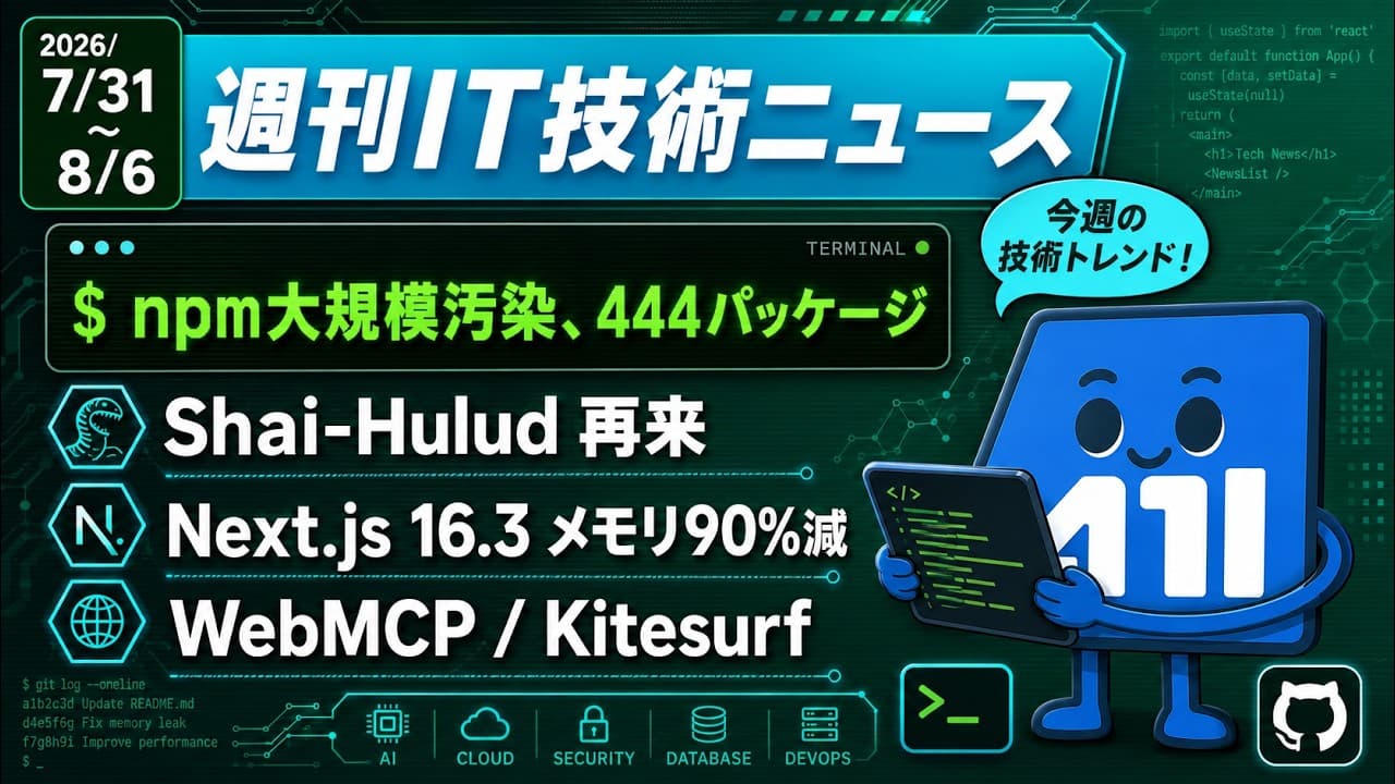 【2026/07/31〜08/06】週刊IT技術ニュース｜Next.js 16.3で開発メモリ90%減、npmで444パッケージ汚染、CloudflareがWebMCPとKitesurf投入