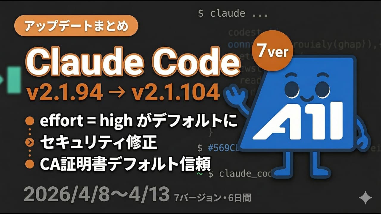 Claude Code v2.1.94〜v2.1.104 アップデート情報まとめ（2026/4/8〜4/13）
