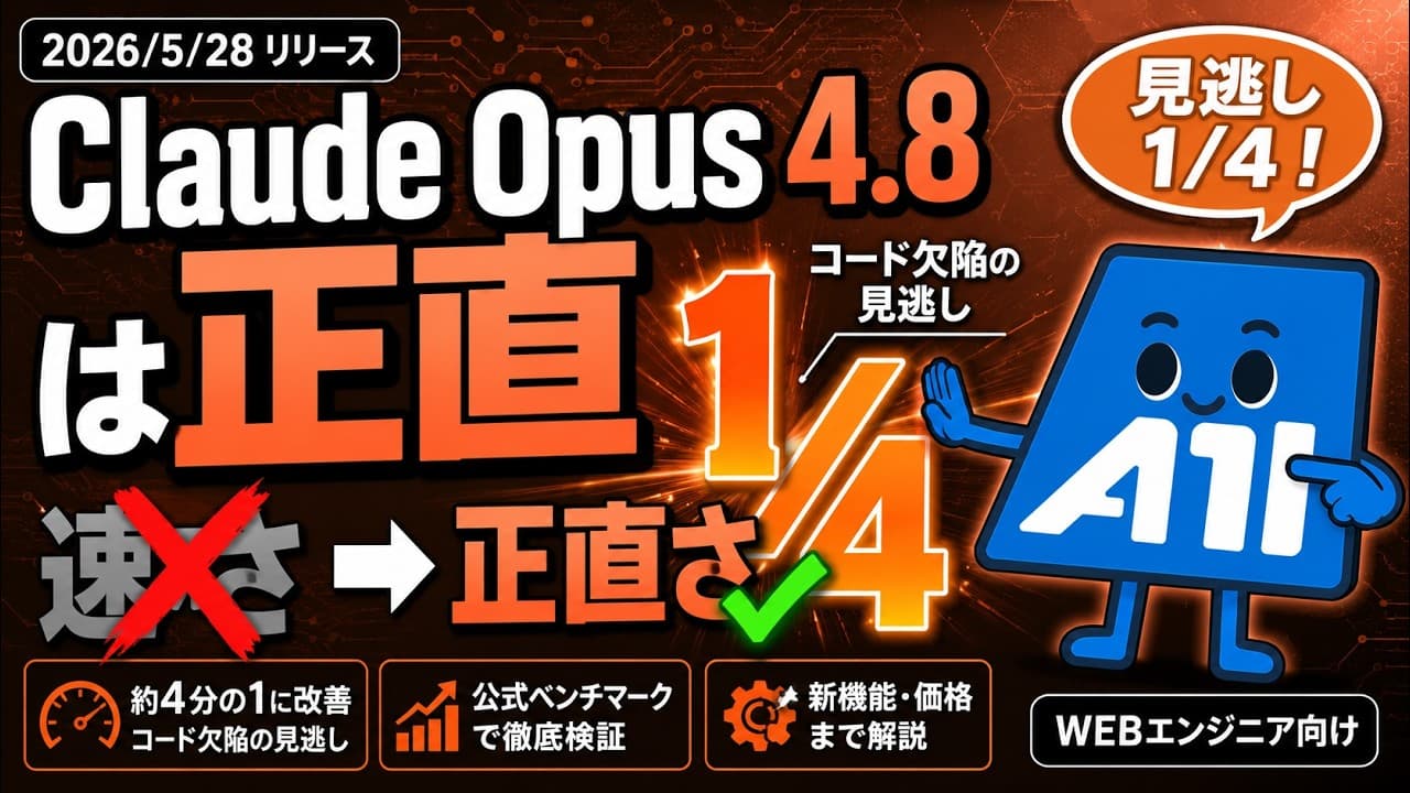 【速報】Claude Opus 4.8 リリース！一番の進化は「正直さ」｜公式ベンチマーク・新機能を5分解説