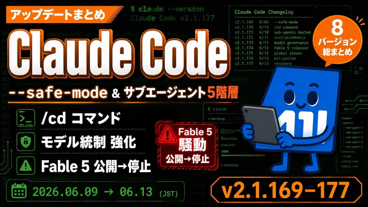 【Claude Code】v2.1.169〜v2.1.177 アップデートまとめ｜--safe-mode・サブエージェント5階層・Fable 5 公開と停止