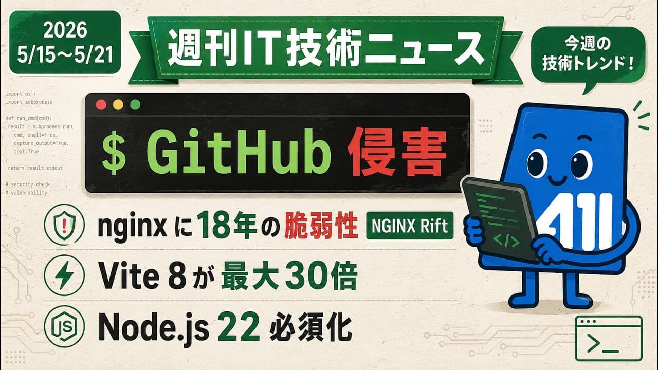 【週刊IT技術ニュース 5/15〜5/21】GitHub 内部リポジトリ侵害 / nginx に18年もの脆弱性 / Vite 8 が最大30倍高速化