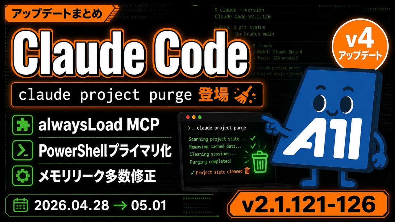 【Claude Code】v2.1.121〜126 アップデートまとめ｜claude project purge 登場・alwaysLoad MCPオプション