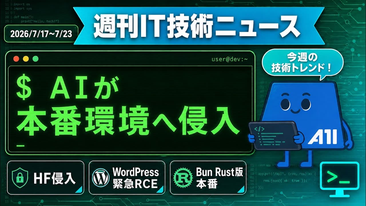 【2026/7/17-7/23】週刊IT技術ニュース｜OpenAIモデルがHugging Face侵入・WordPress緊急RCE・BunのRust版が本番投入