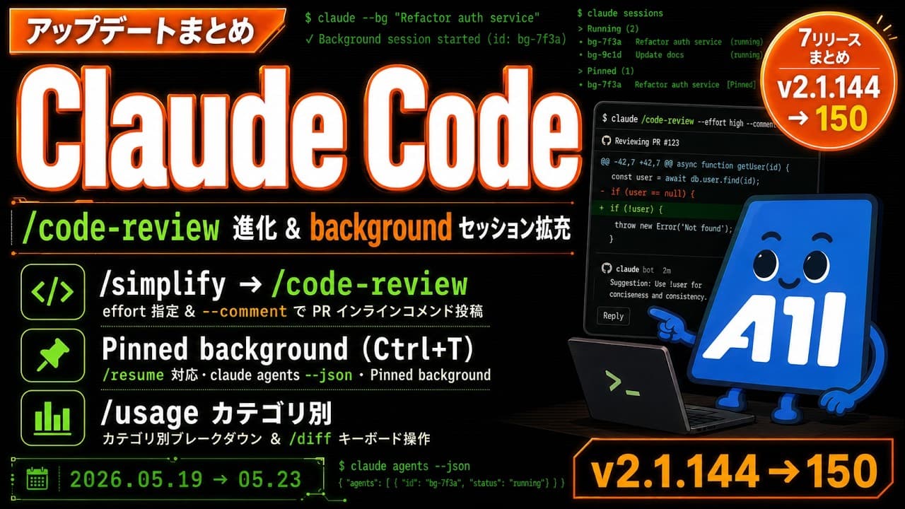 Claude Code v2.1.144〜v2.1.150 アップデートまとめ｜/code-review 改名と背景セッション拡充