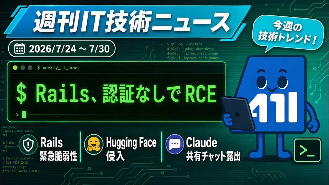 【週刊IT技術ニュース】2026/7/24-7/30 Railsに認証不要のRCE、AIエージェントがHugging Face侵入、Claude共有チャットが検索露出