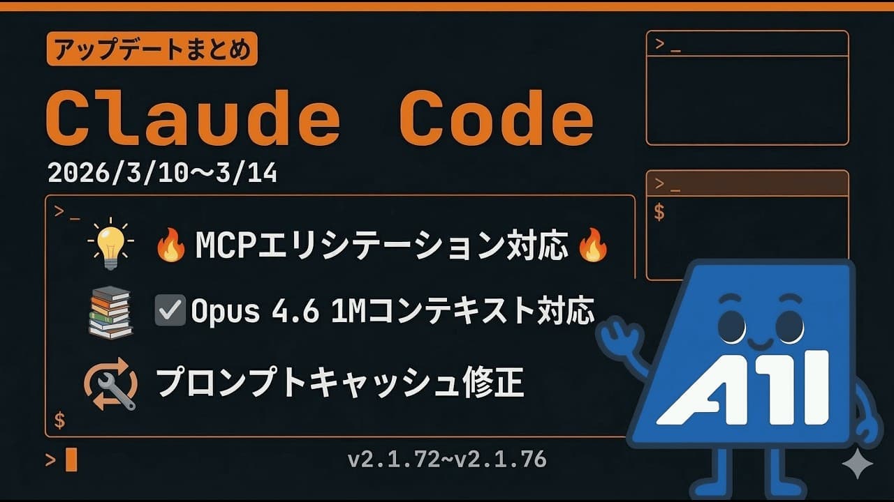 Claude Code アップデート情報まとめ 2026/3/10~3/14(v2.1.72〜v2.1.76 )|MCPエリシテーション・1Mコンテキスト対応・80件超のバグ修正