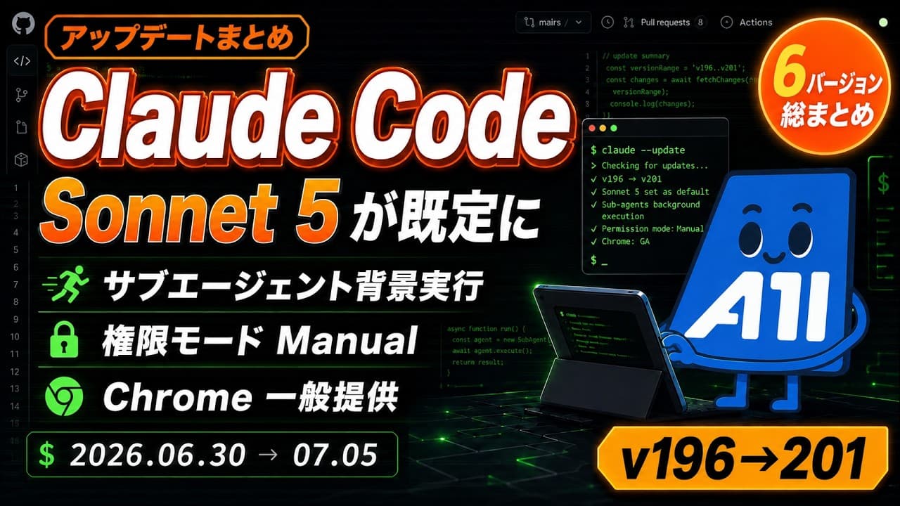 【Claude Code】Sonnet 5がデフォルトに!サブエージェント背景実行・権限モードManual化|v2.1.196~201 アップデートまとめ